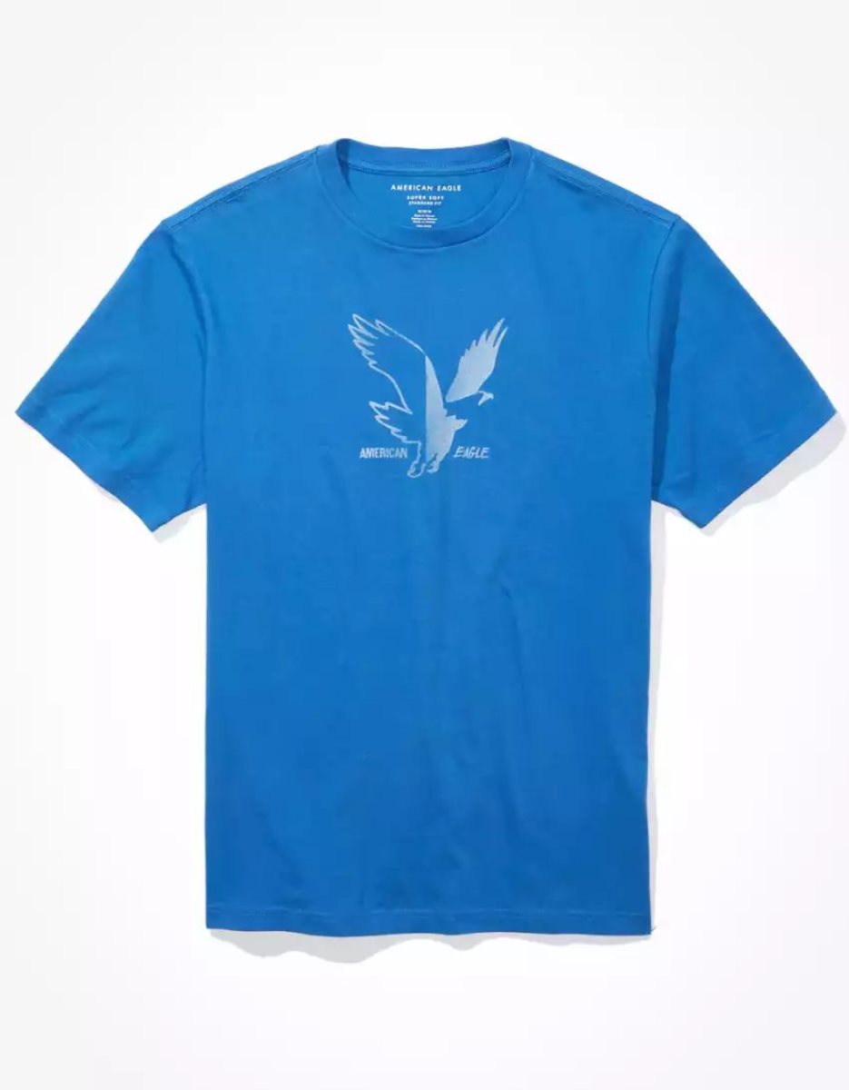 T Shirt Graphique American Eagle AE Super Soft Logo Bleu Homme | NQB-09548133